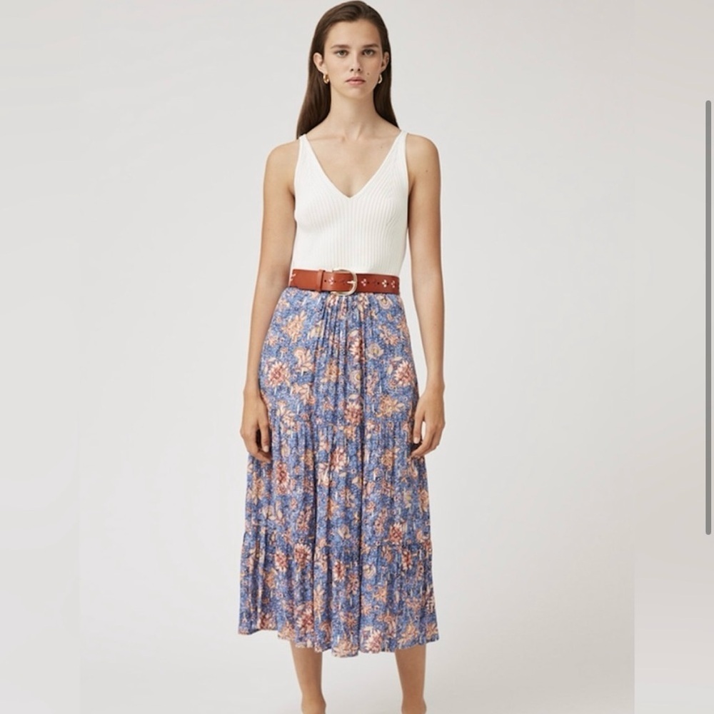 Suncoo Paris Blue Purple Floral Midi Skirt Metallic Embroidery T2 Medium